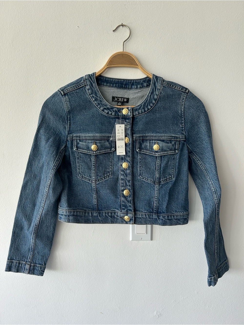 🔥 NWT $158 J. Crew Louisa Lady Patch Pocket Denim Jacket Gold Buttons 0